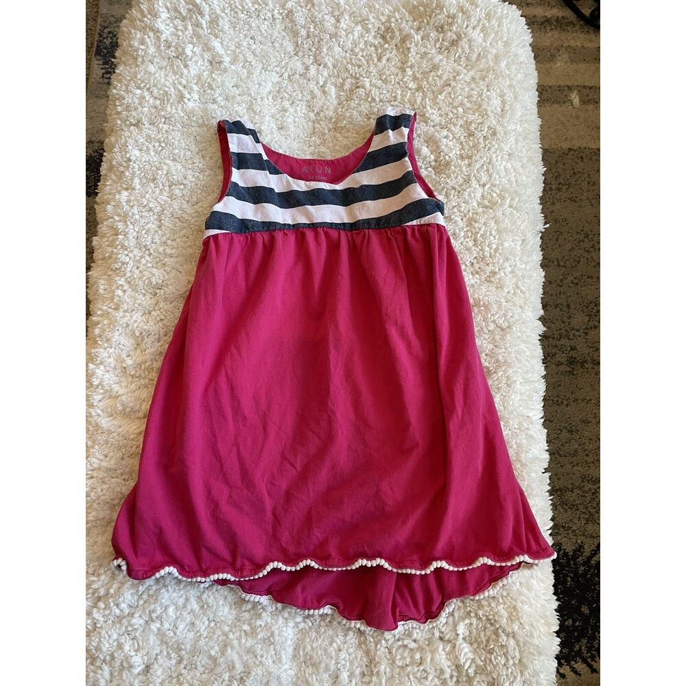 Atun girls sz. 3/4 pink and blue knit sleeveless dress. Cute, nt. desc.